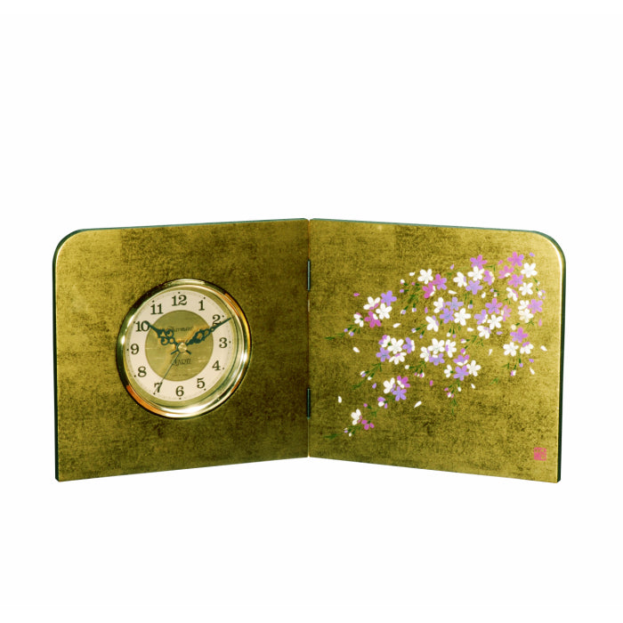 Lacquer wooden folding screen clock with gold leaf and weeping cherry blossoms