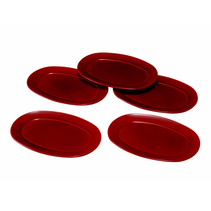 Oval individual plates, double-sided Shunkei lacquer, set of 5 plates, vermilion