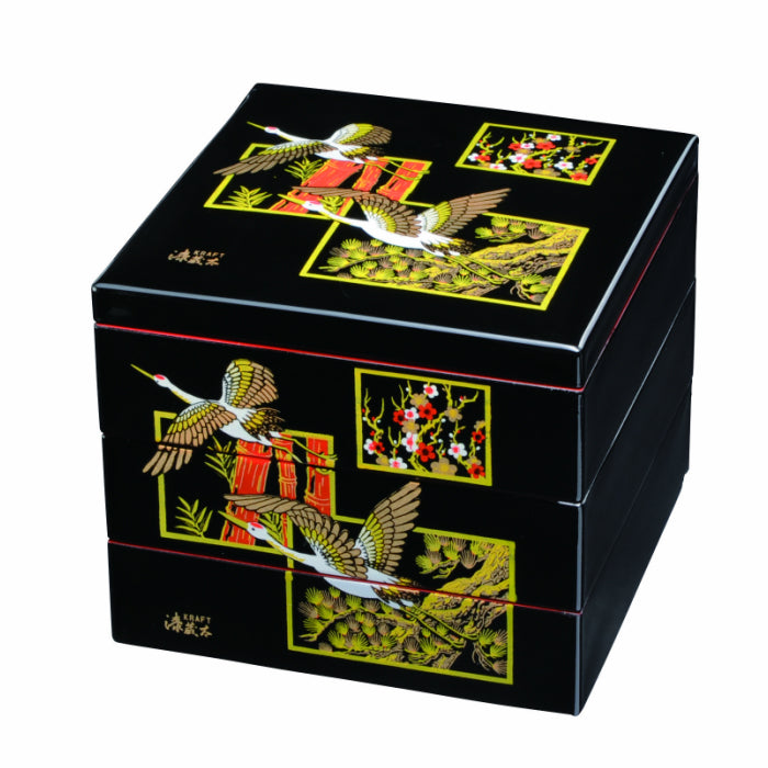 Three-tiered bento box, black with red interior, auspicious crane