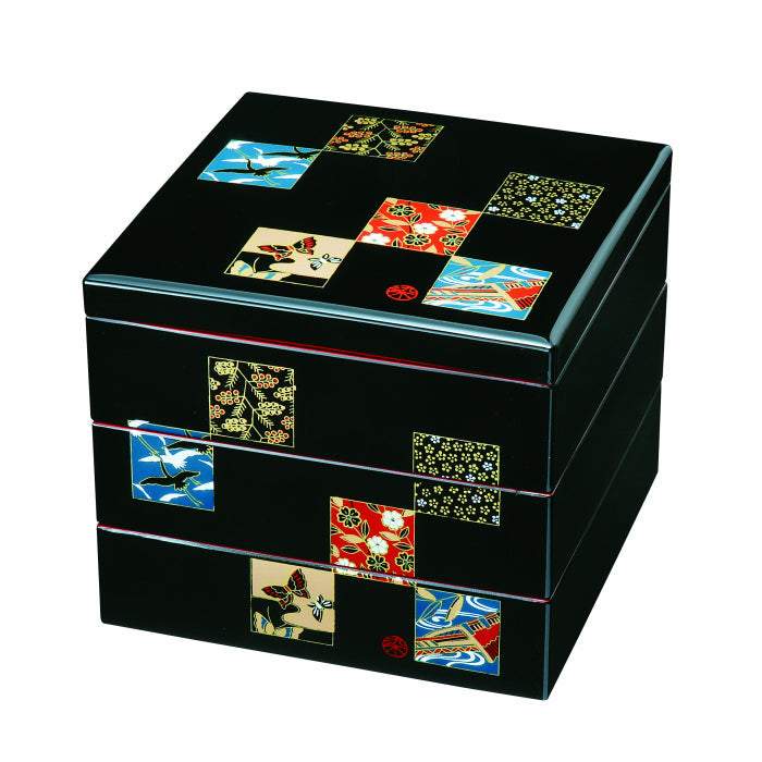 Three-tiered bento box, 7 inches, black with red interior, checkered yuzen