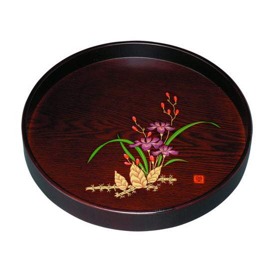 圆形木制茶盘,30 厘米,深盘,乌木纹,山地纹,金漆和莫里纹