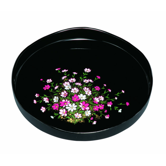 Plum-shaped Sanmichi-bon round tray, black, cosmos (gold lacquer)
