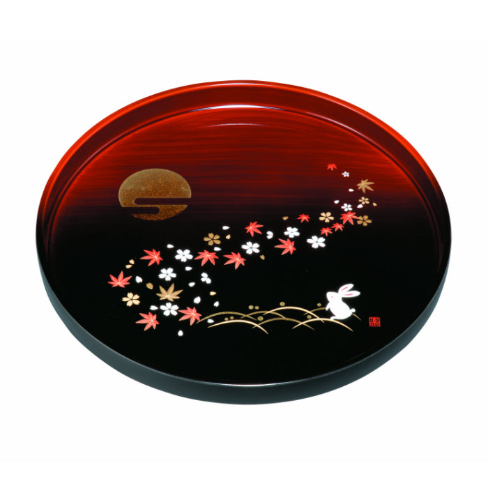 Round tray 30cm, wood grain finish, Spring, Autumn, Moon and Rabbit