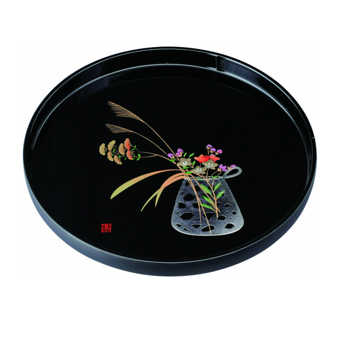 Kishu lacquer round tray 30cm black with flower basket decoration