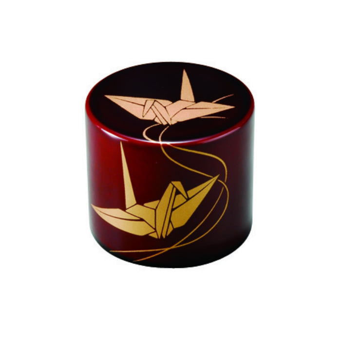 Round lacquer paperweight, tamari, origami crane