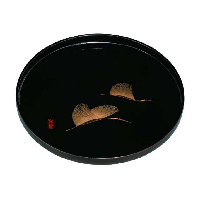Round tray, black, couple cranes, 27cm, 9 inches
