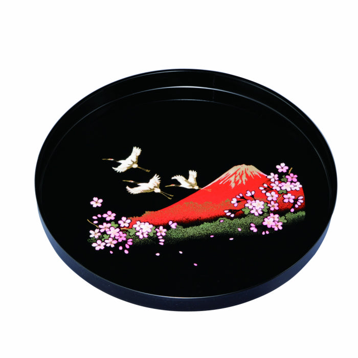 PC 24cm 8-inch round tray, black, one Fuji, two cranes, three cherry blossoms