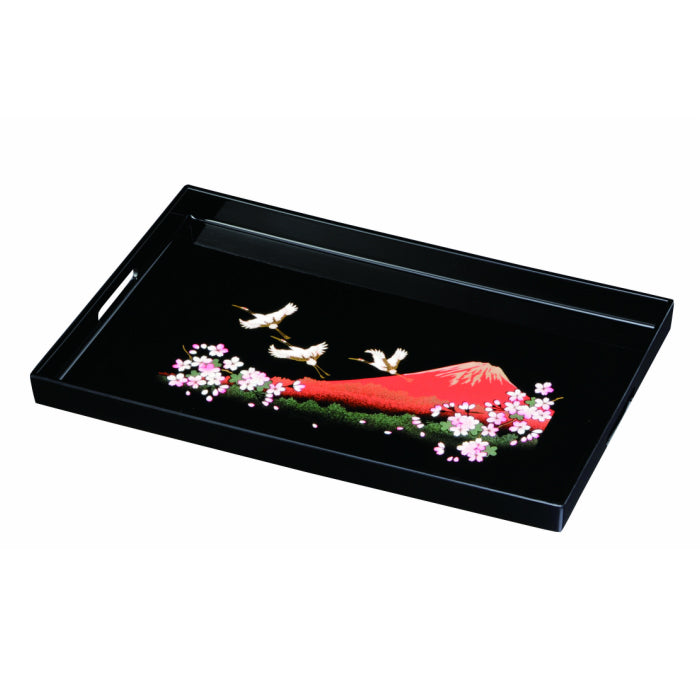 PC Long Tray 45cm Black One Fuji, Two Cranes, Three Cherry Blossoms, Mt. Fuji