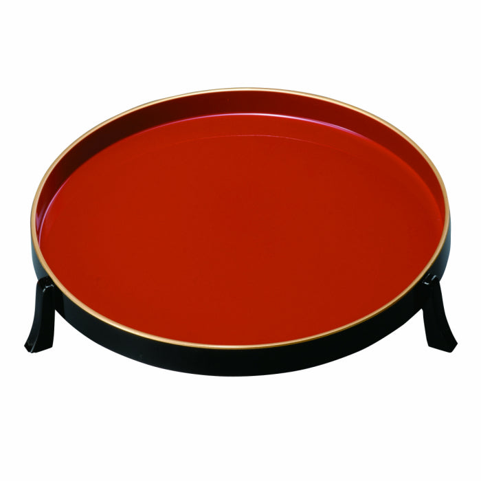 Round tray with legs, gold rim, red