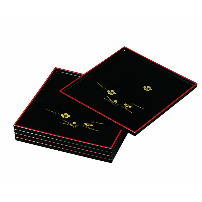 Square tray, black, plum and pine needles, set of 5