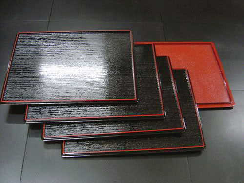 Long rectangular double-sided tray, set of 5, black and red, with non-slip surface