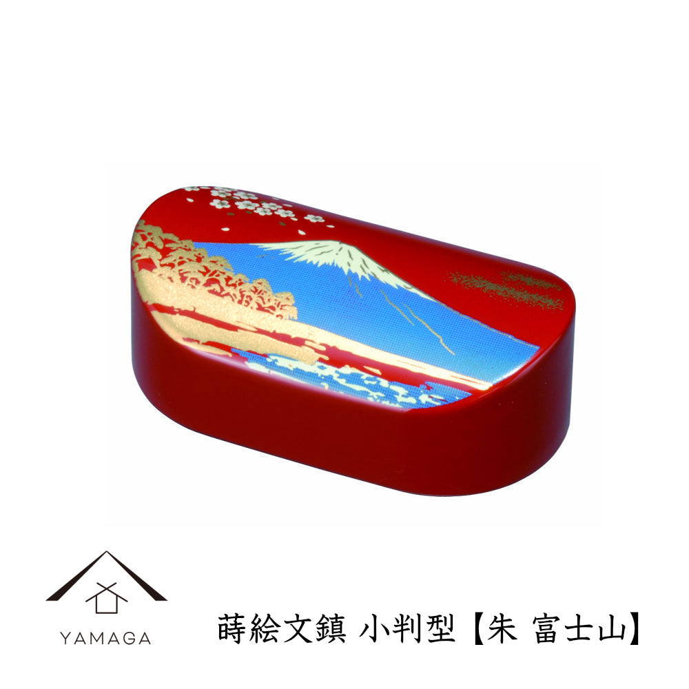 Lacquerware, oval-shaped paperweight, vermilion, Mt. Fuji, paperweight, calligraphy