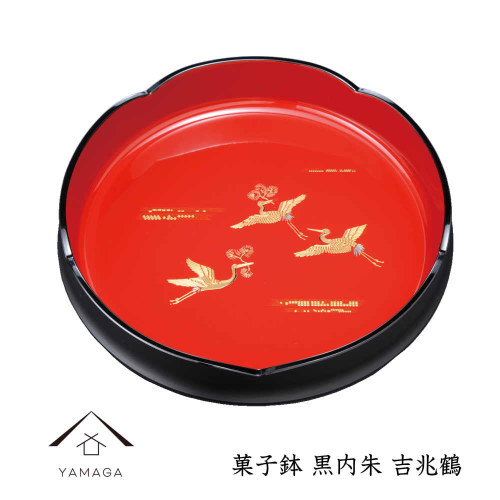 Cake bowl, black with red interior, auspicious crane