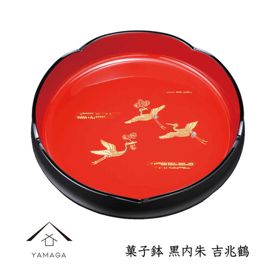 黑色蛋糕碗,内衬红色,吉祥鹤
