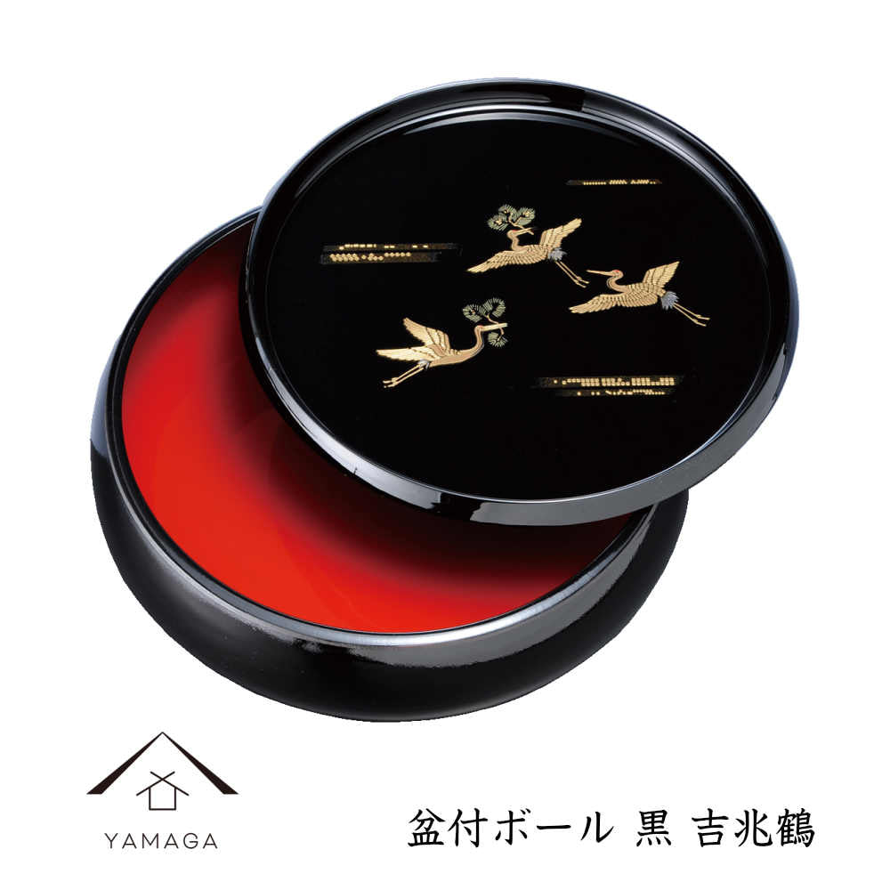 Bowl with tray, black, auspicious crane