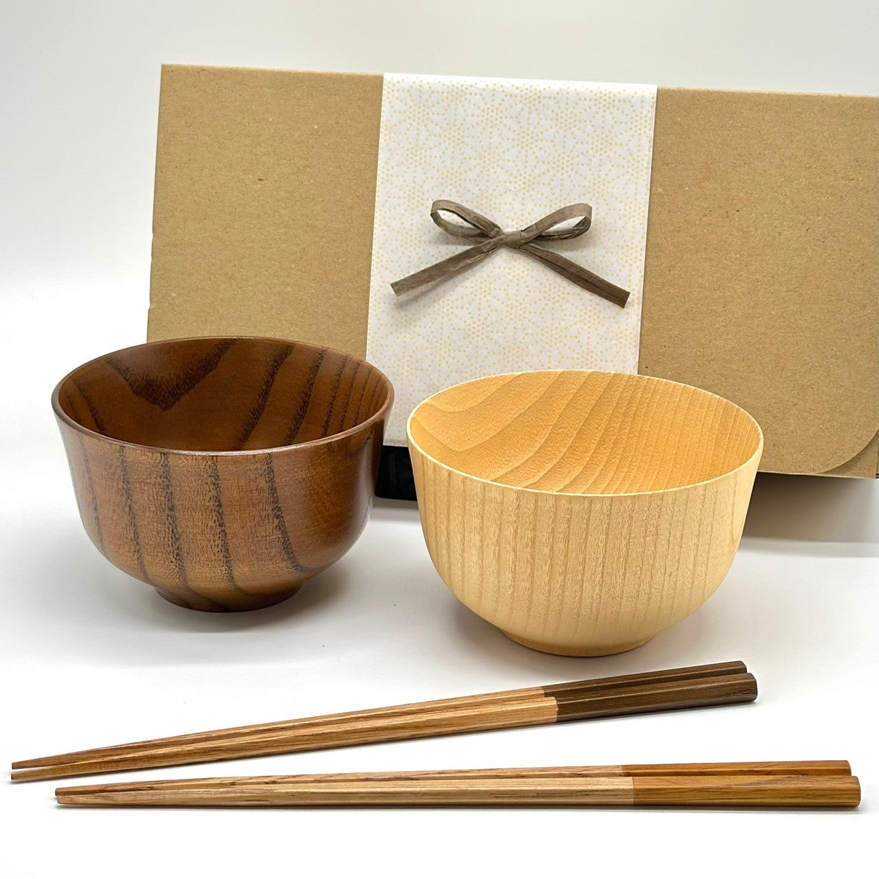 4-piece set: Wooden bowls, brown, 2 pieces, 2 pairs of chopsticks included