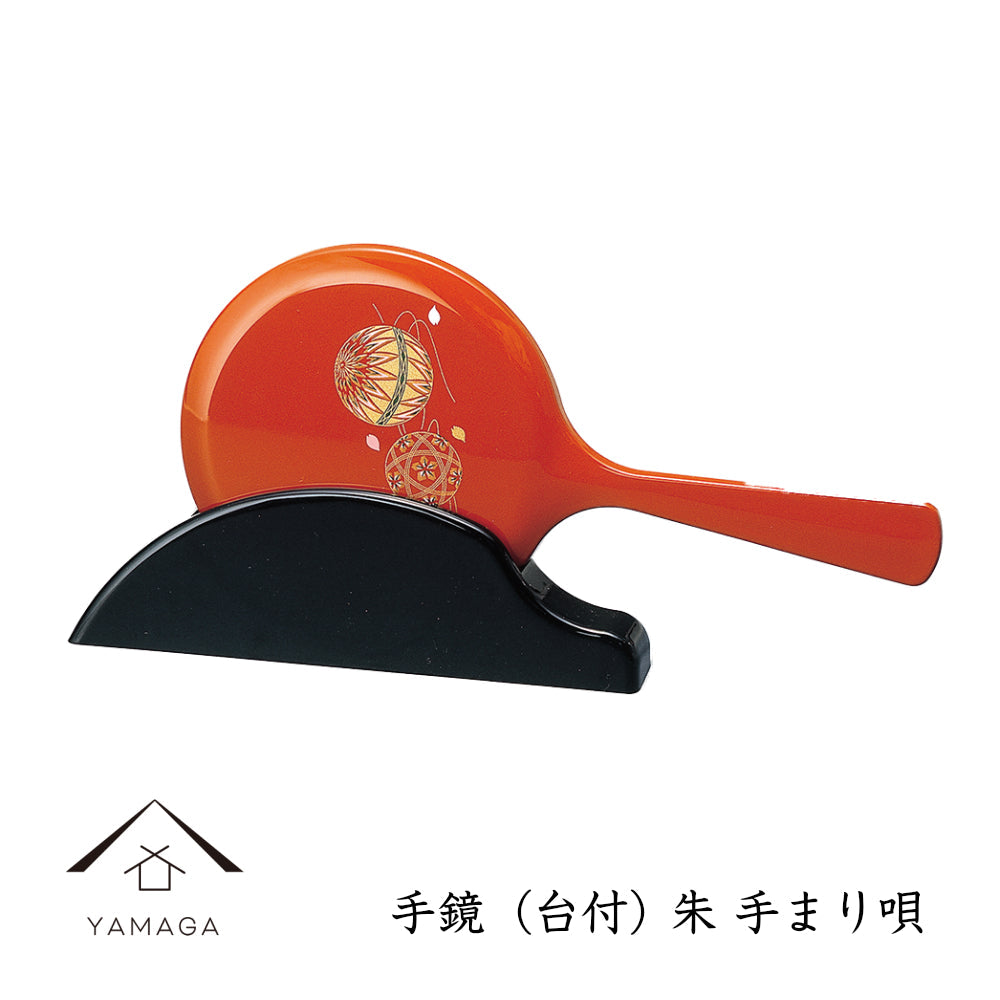 Hand mirror with stand, red, Temariuta