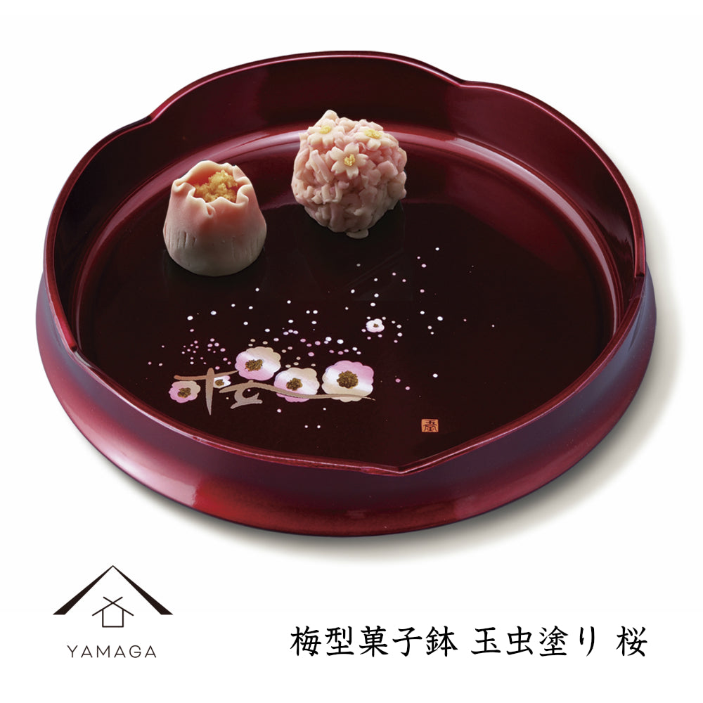 Plum-shaped confectionery bowl 24cm Tamamushi-nuri Cherry blossom