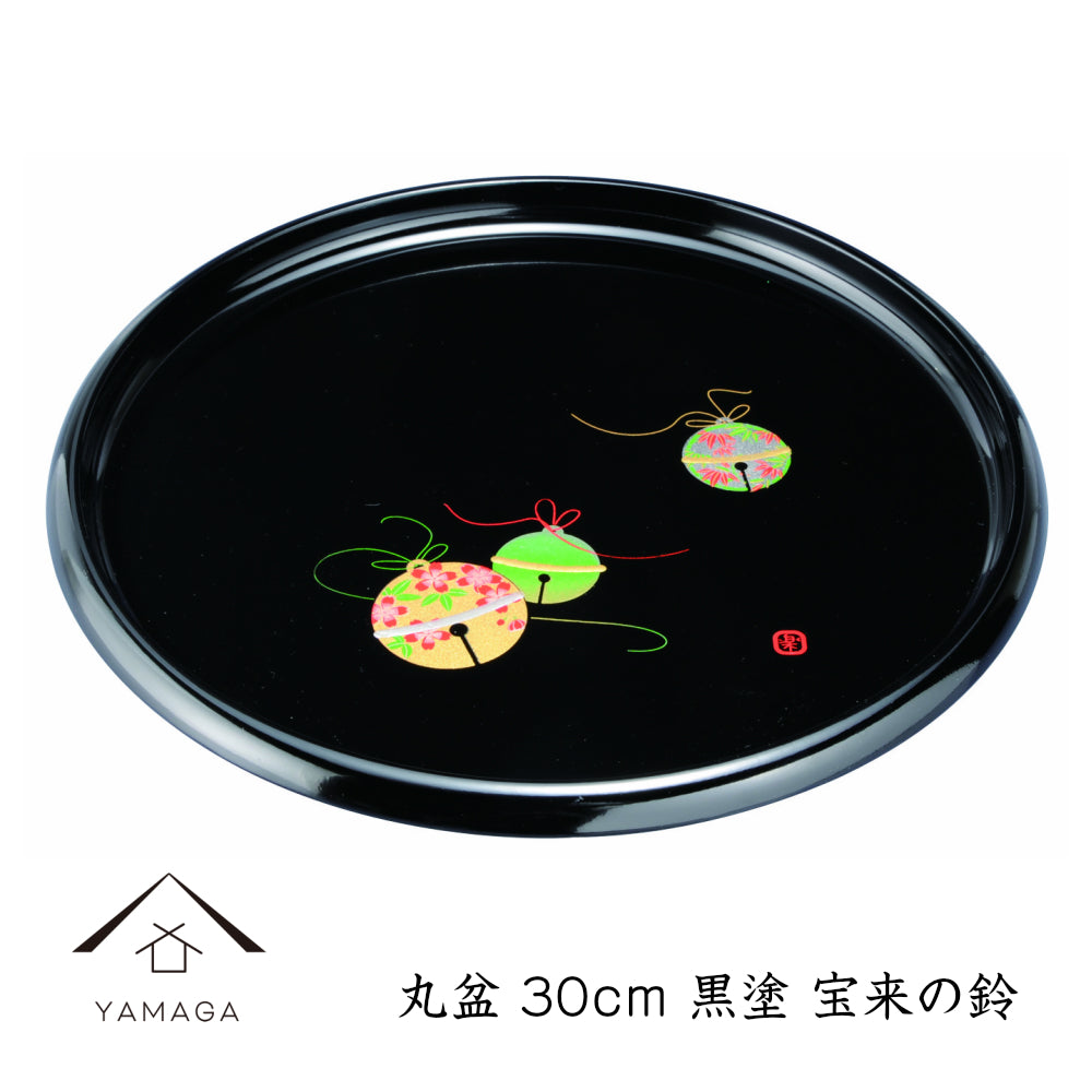 Round tray, Horai no bell, black lacquer, 30cm