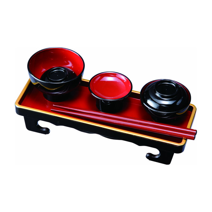 Long rectangular abbreviated Buddhist meal set, Misato, black with red interior, 6 inches