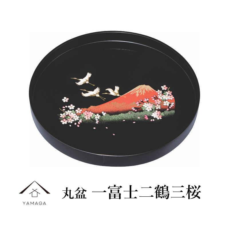 Wooden round tray, black, one Fuji, two cranes, three cherry blossoms