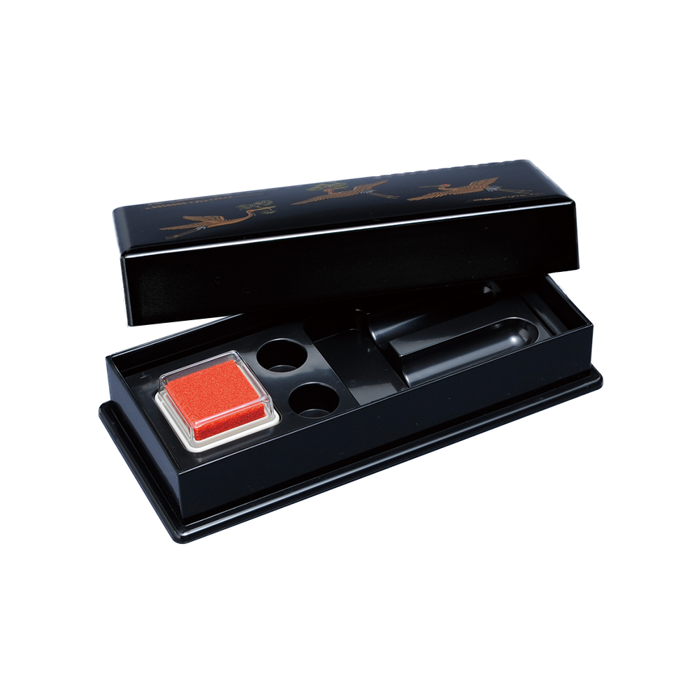 Elegant Seal Case, Black Lacquer, Auspicious Crane