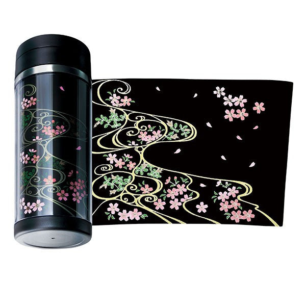 Maki-e stainless steel bottle, black, 350ml, cherry blossom and flowing water pattern