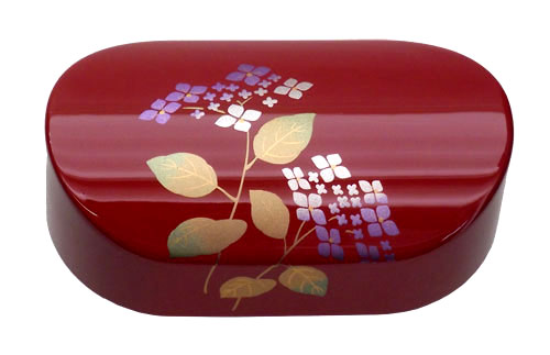 Lacquerware, oval-shaped paperweight, red, hydrangea