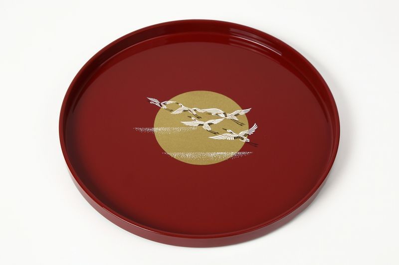 (Chrysanthemum pattern included) 7.0 round tray Vermillion celebration crane