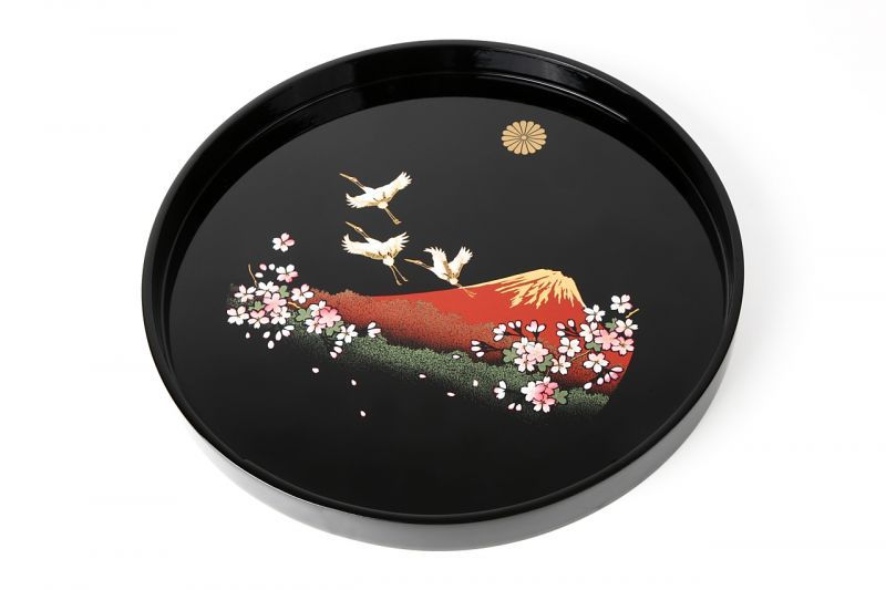 (With chrysanthemum crest) Round tray, wooden, black, one Fuji, two cranes, three cherry blossoms