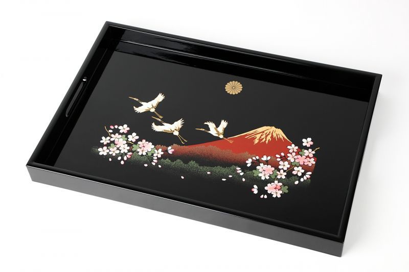 (菊紋入)長手盆 木製 黒塗り 一富士二鶴三桜